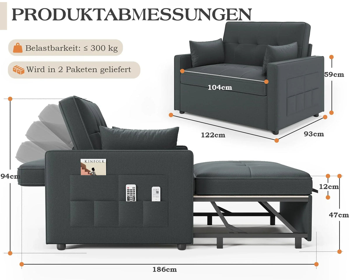 Sofá cama 3 en 1 LUXOAK 186 x 122 cm, gris, respaldo ajustable, acolchado cómodo de 12 cm, estructura de madera maciza y metal