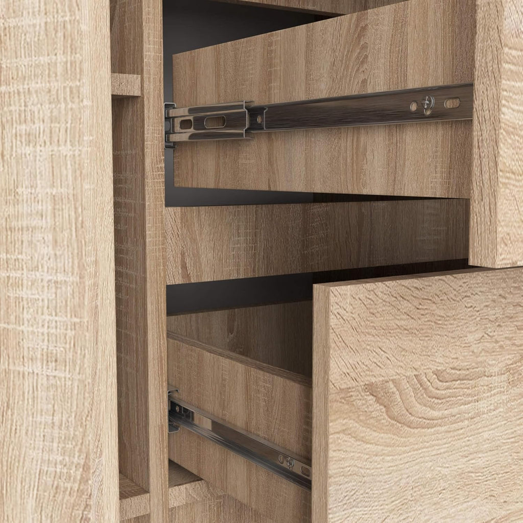 Cómoda AKORD K100 con 3 cajones, armario con 2 puertas y 4 estantes, para salón o dormitorio, moderna, tablero laminado de 16 mm, A101xH76xP35 cm, color roble Sonoma y roble Sonoma
