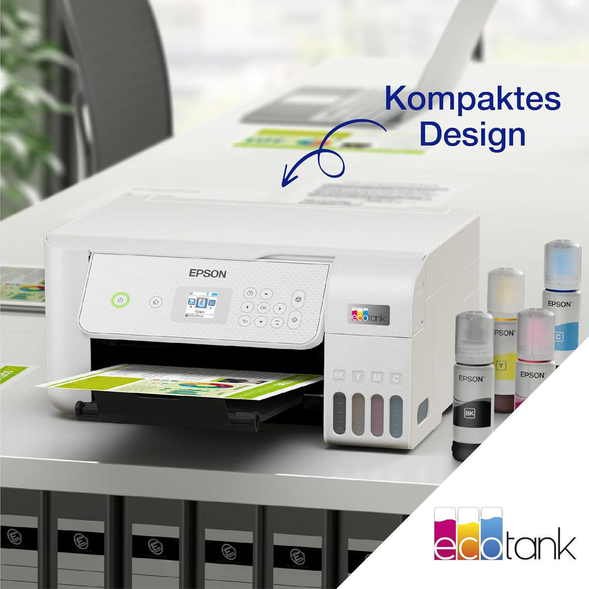 Impresora de depósitos de tinta EcoTank ET-2876 para hogares ajetreados, Wi-Fi, impresión, copia y escaneado en A4, pantalla LCD de 3,7 cm, incluye tinta para hasta 3 años