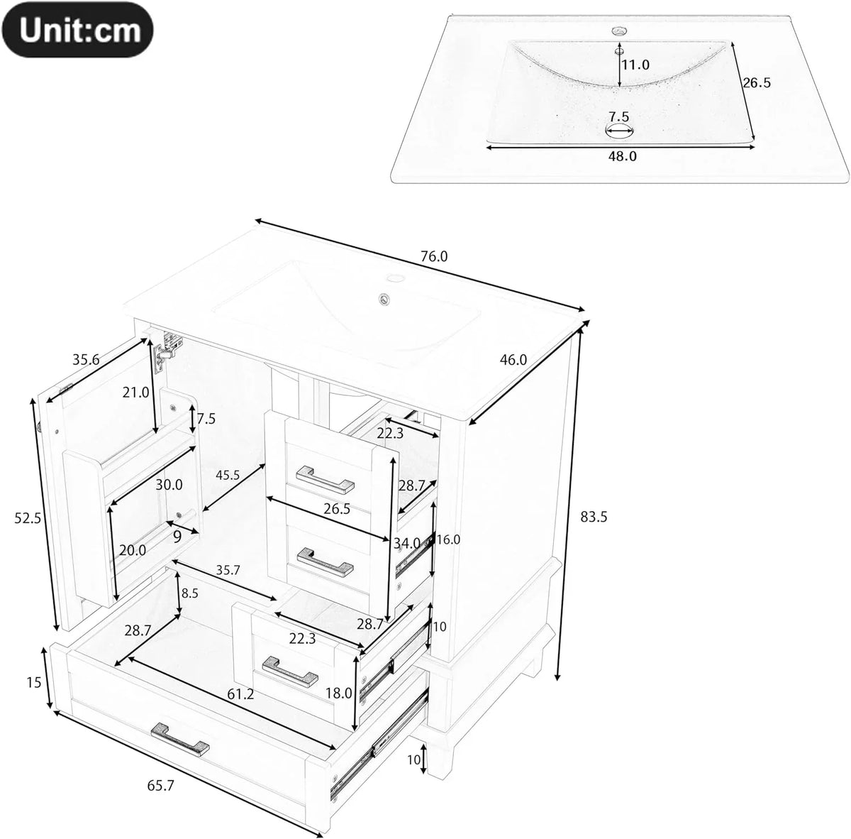 Moimhear Mueble de baño de pie, lavabo, totalmente lacado, tres cajones de cierre suave, lavabo de cerámica integrado (blanco, 76 x 46 x 83,5 cm)