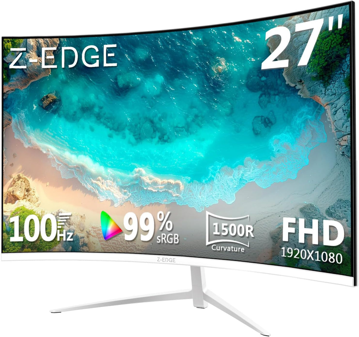 Monitor de PC curvo Z-Edge blanco de 27 pulgadas, 100 Hz, FHD 1080P, monitor de escritorio blanco, VA 1500R sin marco, monitor gaming, 99% sRGB, inclinación ajustable, HDMI y DisplayPort, VESA (cable HDMI incluido)
