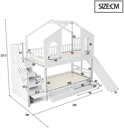 Cuna litera 90x200, cama alta en forma de casa con tobogán, escalera de almacenamiento, 2 cajones, ventanas y tejado, litera cama doble de madera con somier y protección anticaídas, pino, sin colchón, blanco