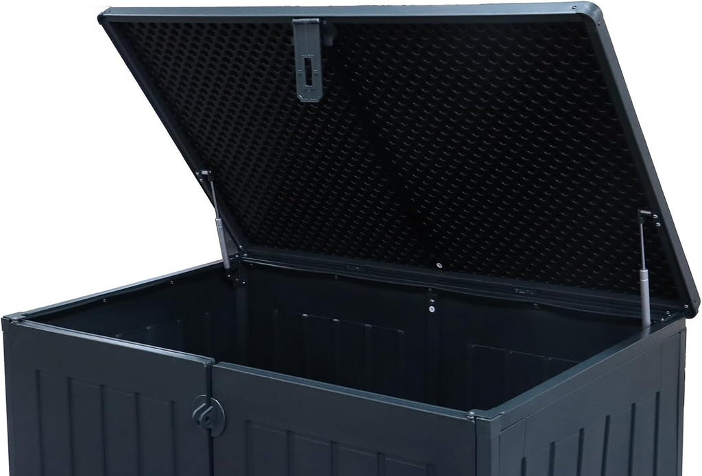 Caja para cubos de basura Koll Living Soraya de 775 litros, de plástico con aspecto de madera – bloqueable, resistente a la intemperie, resistente a los rayos UV, con amortiguadores de gas – Negro/Gris