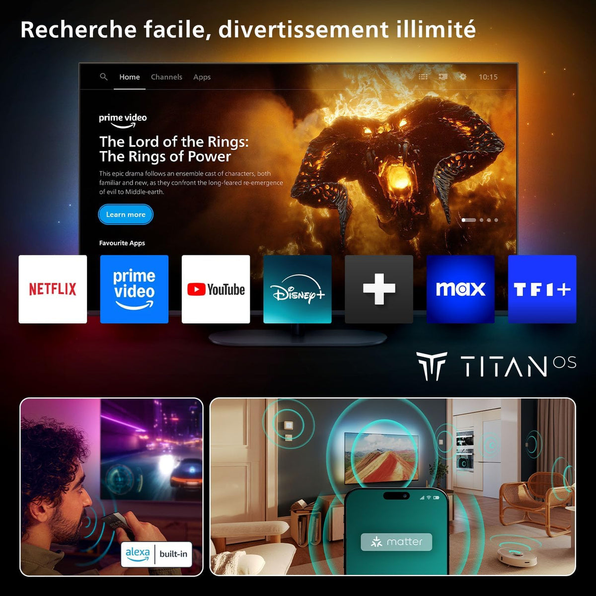 Smart TV Philips Ambilight 77OLED760 4K OLED - Pantalla de 77 pulgadas con motor de imagen P5 AI Perfect Picture Ultra HD, Titan OS, Dolby Vision y sonido Atmos - Compatible con Alexa y el Asistente de Google