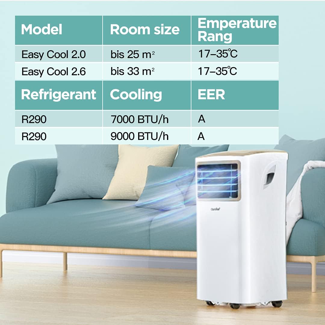 Aire acondicionado portátil Comfee Breezy Cool Pro 2.6, 9000 BTU 2,6 kW, refrigeración, ventilación y deshumidificación, control por aplicación, para habitaciones de hasta 88 m³ (33 m²), aire acondicionado móvil con tubo de escape