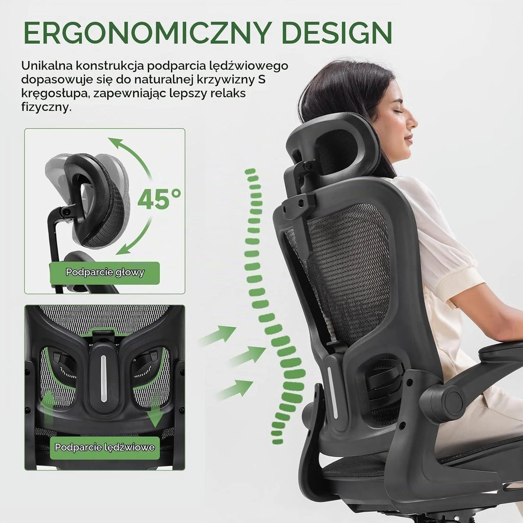 GTPLAYER Ergonomiczne krzesło biurowe z regulowanym zagłówkiem, podłokietnikami, podparciem okolic lędźwiowych, krzesło biurowe i gamingowe, funkcja przechylania, fotel szefa z siatki, 150 kg (czarny)