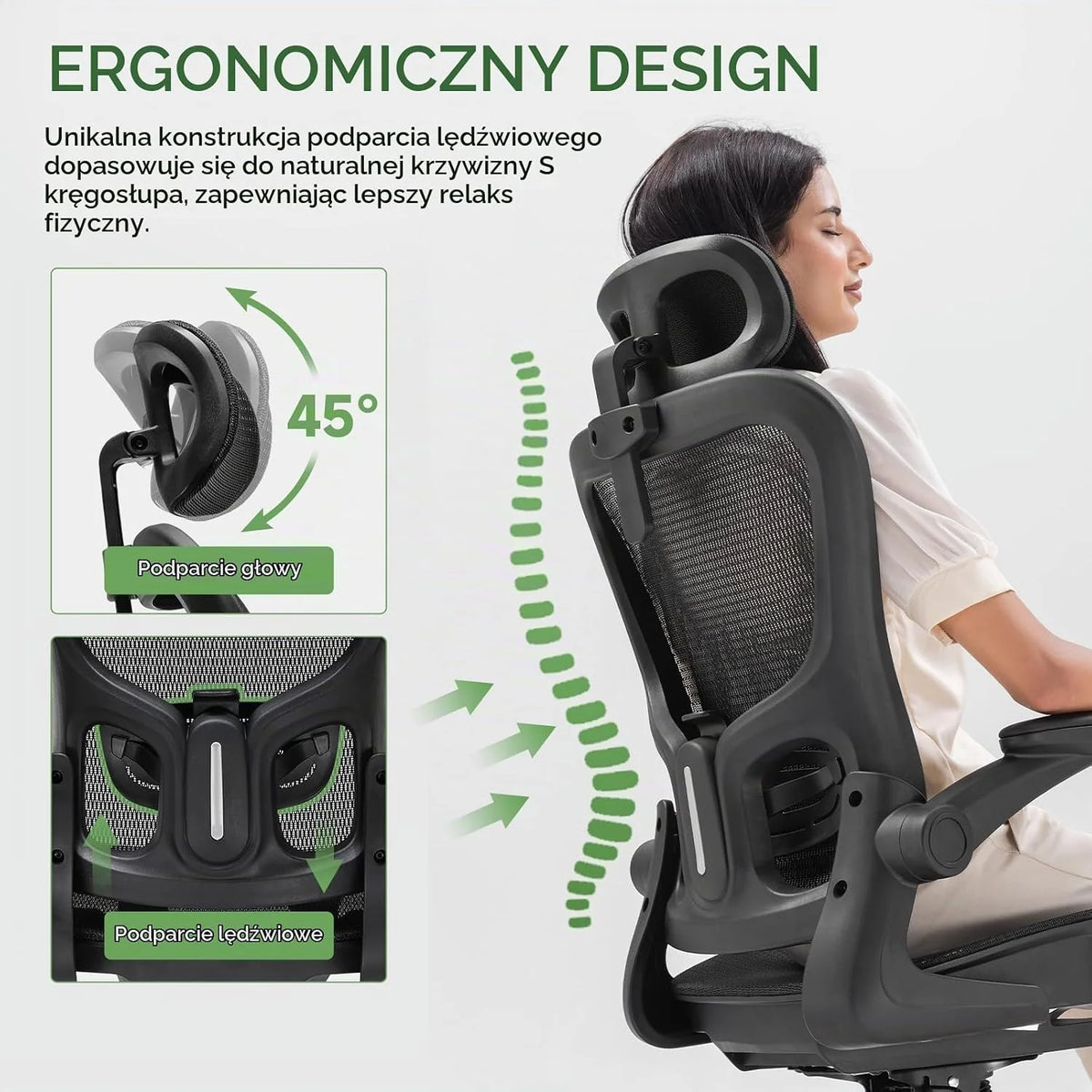 GTPLAYER Ergonomiczne krzesło biurowe z regulowanym zagłówkiem, podłokietnikami, podparciem okolic lędźwiowych, krzesło biurowe i gamingowe, funkcja przechylania, fotel szefa z siatki, 150 kg (czarny)
