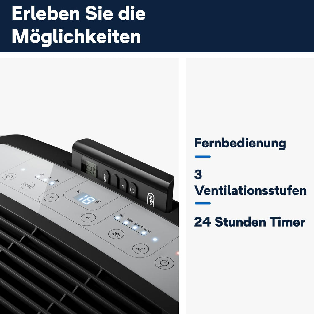 De'Longhi Pinguino - Aire acondicionado portátil, para habitaciones de hasta 29 m², con deshumidificador y ventilador, 9800 BTU, funcionamiento silencioso, mando a distancia, temporizador 24h, clase de eficiencia energética A (PACEM90)