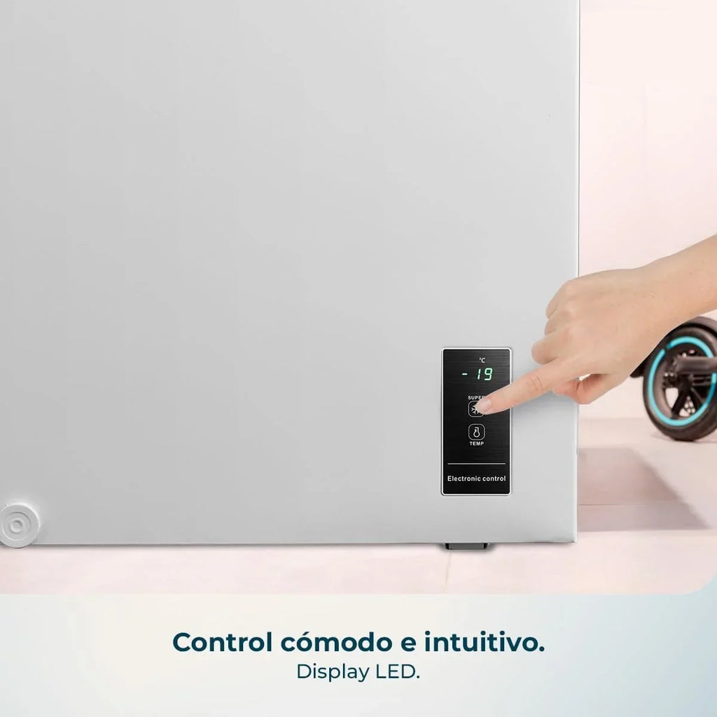 Congelador Horizontal Cecotec 143L Bolero CoolMarket Chest 143P Blanco E. Cesta con asas, control electrónico LED, UltraContact D-Cool, función dual, puerta ZeroG (80º-30º), congelación rápida, compacto