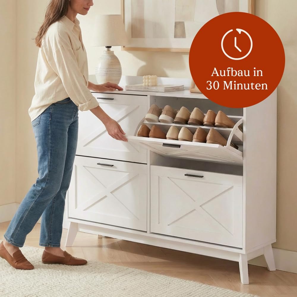 Zapatero CASABEL con 4 trampones, frentes con patrón de cruz, blanco, diseño funcional, gran capacidad para 24 pares, mueble práctico para recibidor o salón, 114x24x83 cm