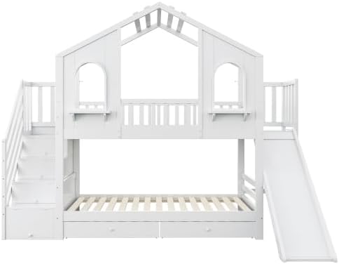 Cuna litera 90x200, cama alta en forma de casa con tobogán, escalera de almacenamiento, 2 cajones, ventanas y tejado, litera cama doble de madera con somier y protección anticaídas, pino, sin colchón, blanco