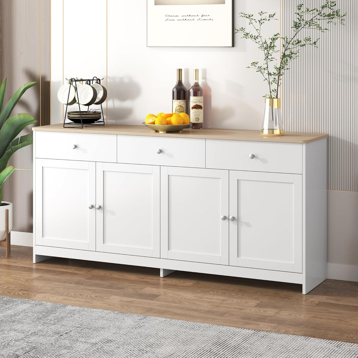 Aparador Ymkua, buffet, cómoda para salón y comedor, armario de almacenamiento con 4 puertas y 3 cajones, armario de salón moderno, 160x37x75 cm, madera y blanco