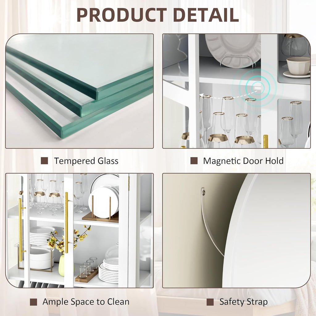 Vitrina de cristal arqueada LVSOMT con iluminación LED, mueble vitrina de 180 cm con puertas de cristal, vitrina curva con 4 estantes de exposición y 2 cajones, luz de 3 colores, vitrina de cristal y madera para salón y pasillo, blanco