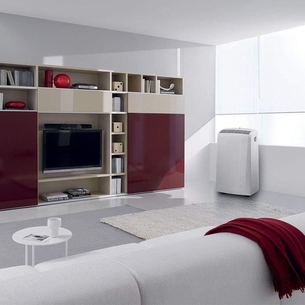 De'Longhi Pinguino PAC EM82, aire acondicionado portátil para habitaciones de hasta 80 m³, 9.400 BTU, 2,4 kW, 63 dB, función de deshumidificación, clase energética A, temporizador 24 h, blanco