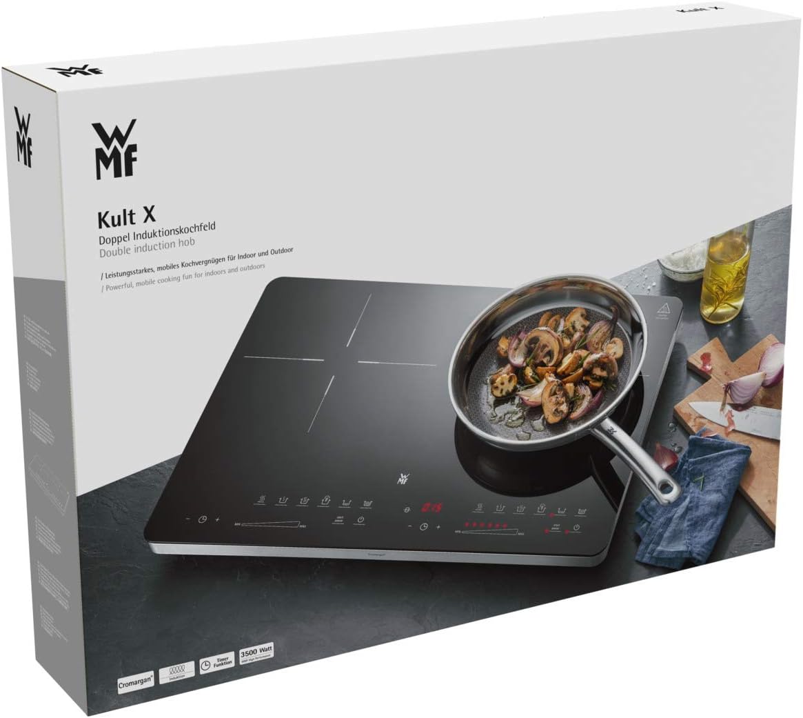 Placa de inducción doble WMF Kult X, 2 fuegos, placa de cocción hasta 28 cm, 2 zonas de cocción, 8 niveles, detección de ollas, pantalla táctil, vitrocerámica, función de temporizador, 3500 W