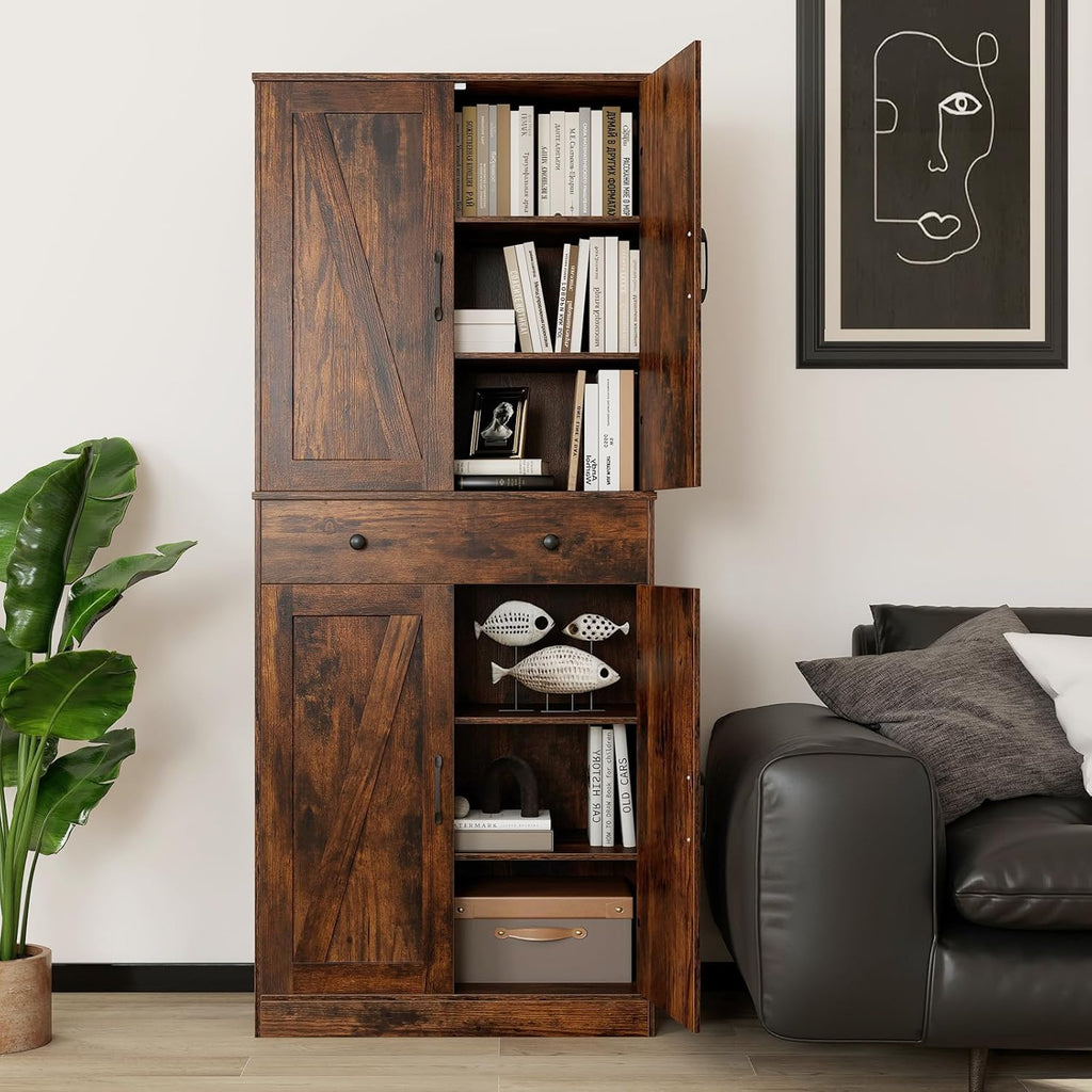 COSTWAY Armario de cocina alto, 183 cm, despensa con 4 puertas, cajón y 3 estantes ajustables, armario multiusos moderno, alacena alta, para cocina, comedor y salón, marrón