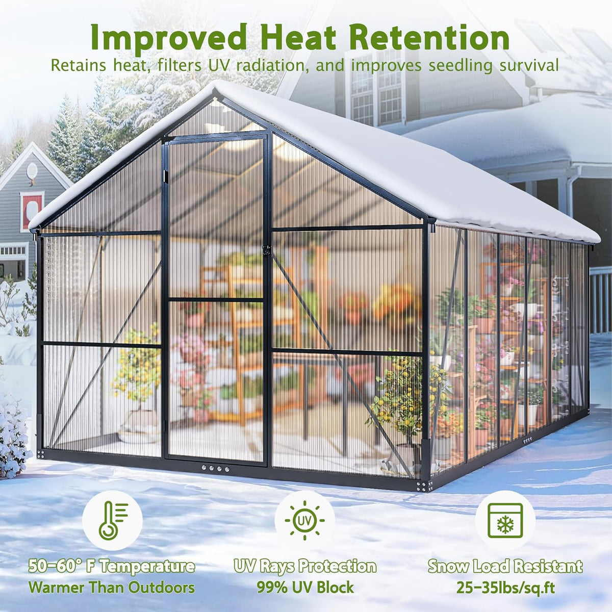 Invernadero de aluminio para jardín, 362x247x205cm invernadero de aluminio con cimientos, ventilación de techo ajustable, uso versátil como invernadero de cultivo resistente al invierno y casa para plantas