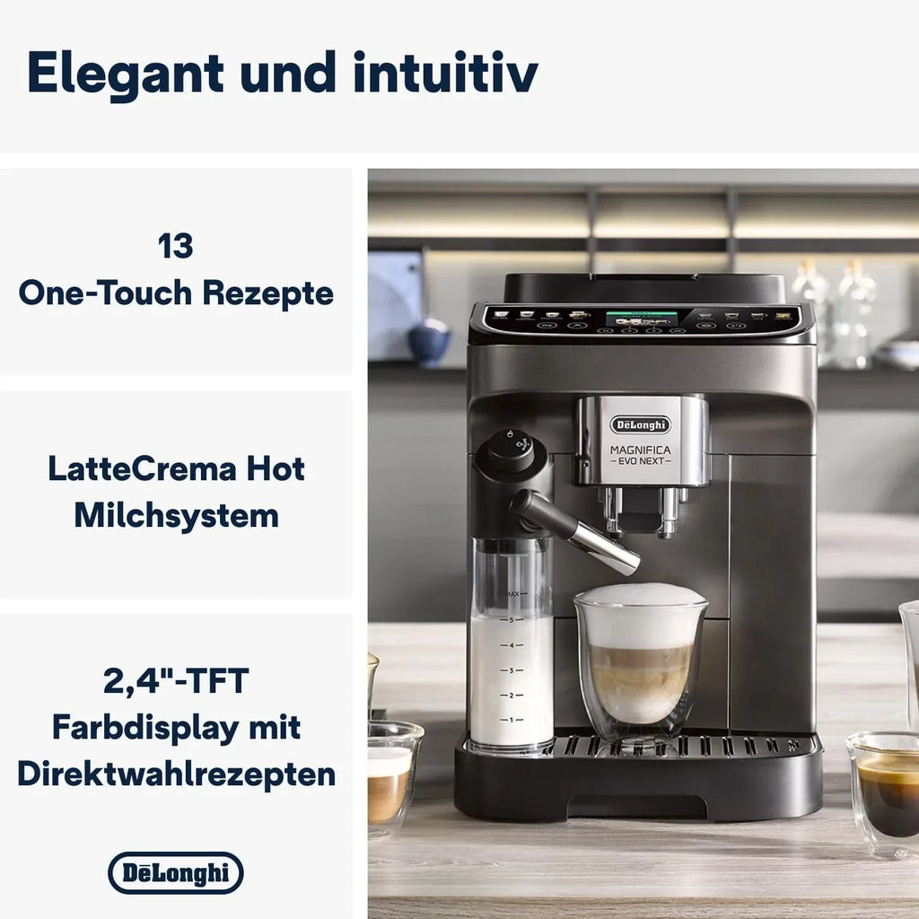 Cafetera superautomática De'Longhi Magnifica Evo ECAM 292.81.B con sistema de leche LatteCrema, 7 botones de selección directa para cappuccino, espresso y otras especialidades de café, función de 2 tazas, negro