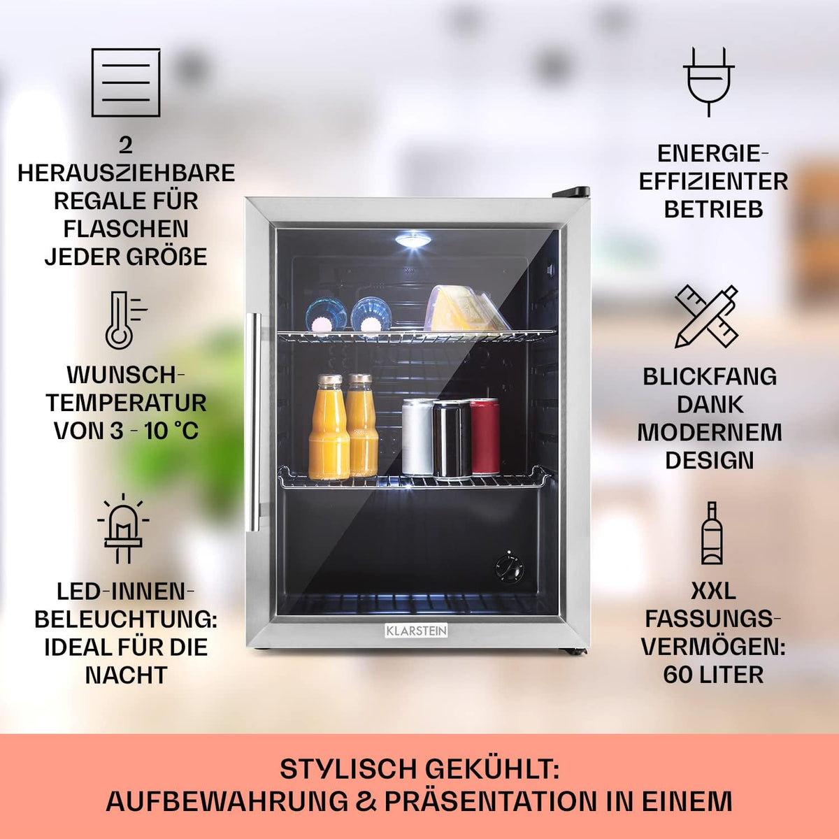 Mininevera Klarstein con puerta de cristal para habitaciones, refrigerador de bebidas con estantes ajustables, pequeño de 80 litros, frigorífico silencioso para interiores/exteriores