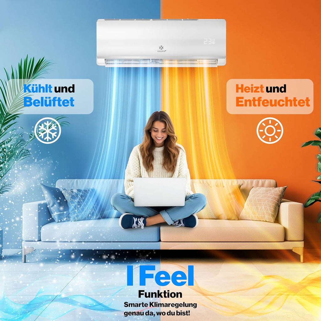 KESSER® Set de aire acondicionado Split - con función WiFi/App - Refrigeración A++/ Calefacción A+ - 9000 BTU/h (2600 vatios) Refrigerante R32 - Mando a distancia, función de temporizador - Incluye material de montaje completo