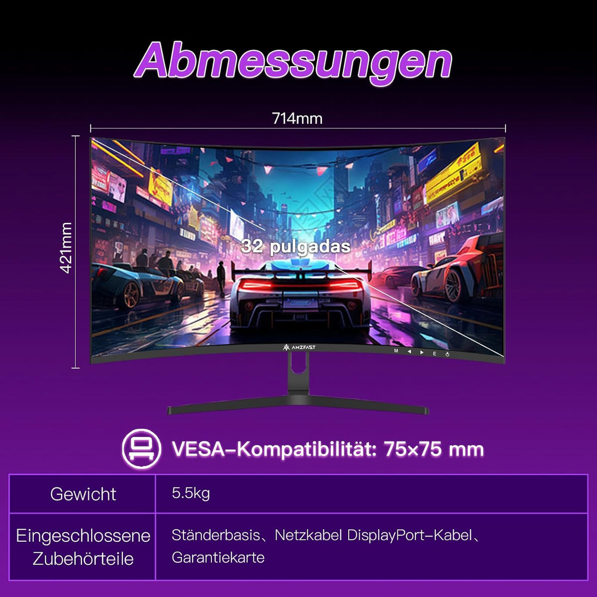 Monitor Gaming Curvo Amzfast de 32 pulgadas, 240Hz, FHD, 1ms MPRT, Adaptive Sync, sRGB 120%, HDR, Sin parpadeo, Luz azul baja, HDMI 2.0/DP 1.4, VESA 75x75, AMZG32C3F