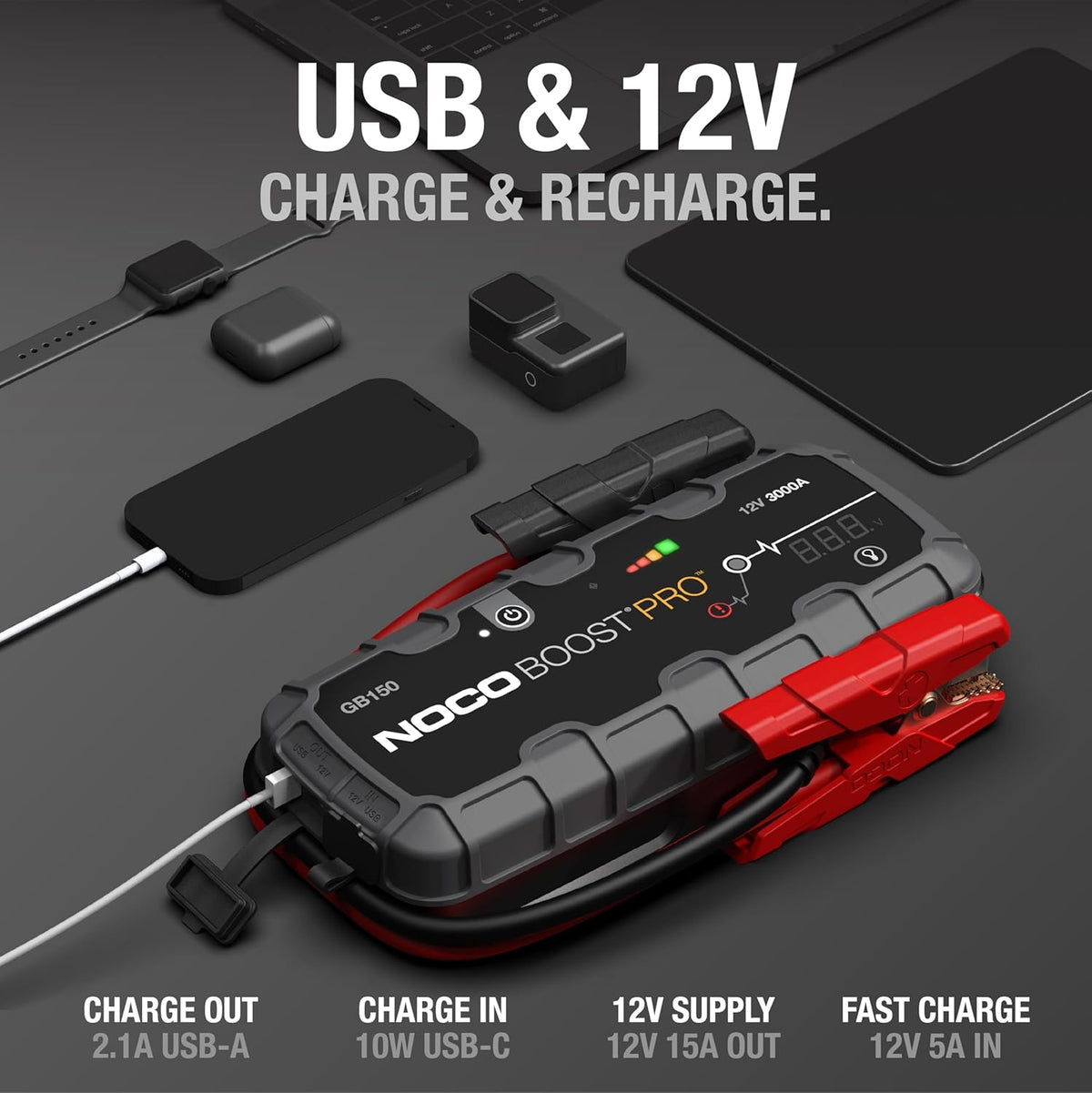 NOCO Boost GB150: Arrancador de batería UltraSafe de 3000 A – Arrancador de litio de 12 V y cables de arranque – Booster portátil para motores de gasolina de hasta 9,0 l y diésel de hasta 7,0 l