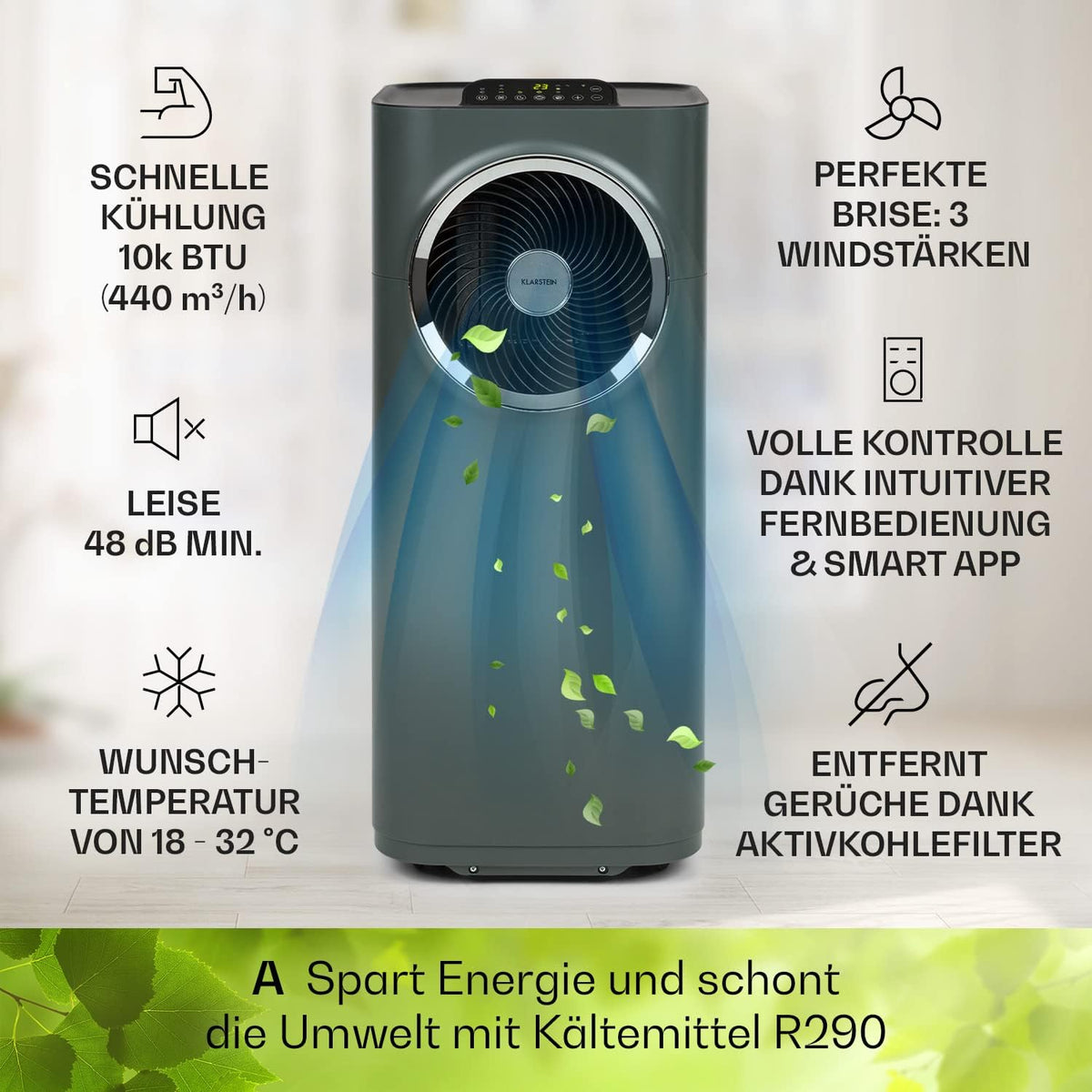 Acondicionador de aire portátil Klarstein con manguera de escape, unidad de climatización 5 en 1, ventilador, deshumidificador, purificador de aire y modo nocturno, control por aplicación, pequeño y portátil, para hogar y oficina, 12000 BTU