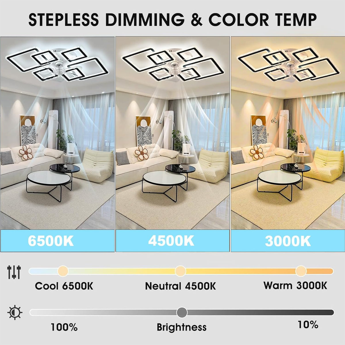 Lámpara con ventilador y mando a distancia, ventilador con luz inteligente moderno de 84 cm, 6 velocidades y LED regulable de 3000k-6500k, ventilador de techo silencioso para dormitorio, sala de estar, comedor, despacho, negro