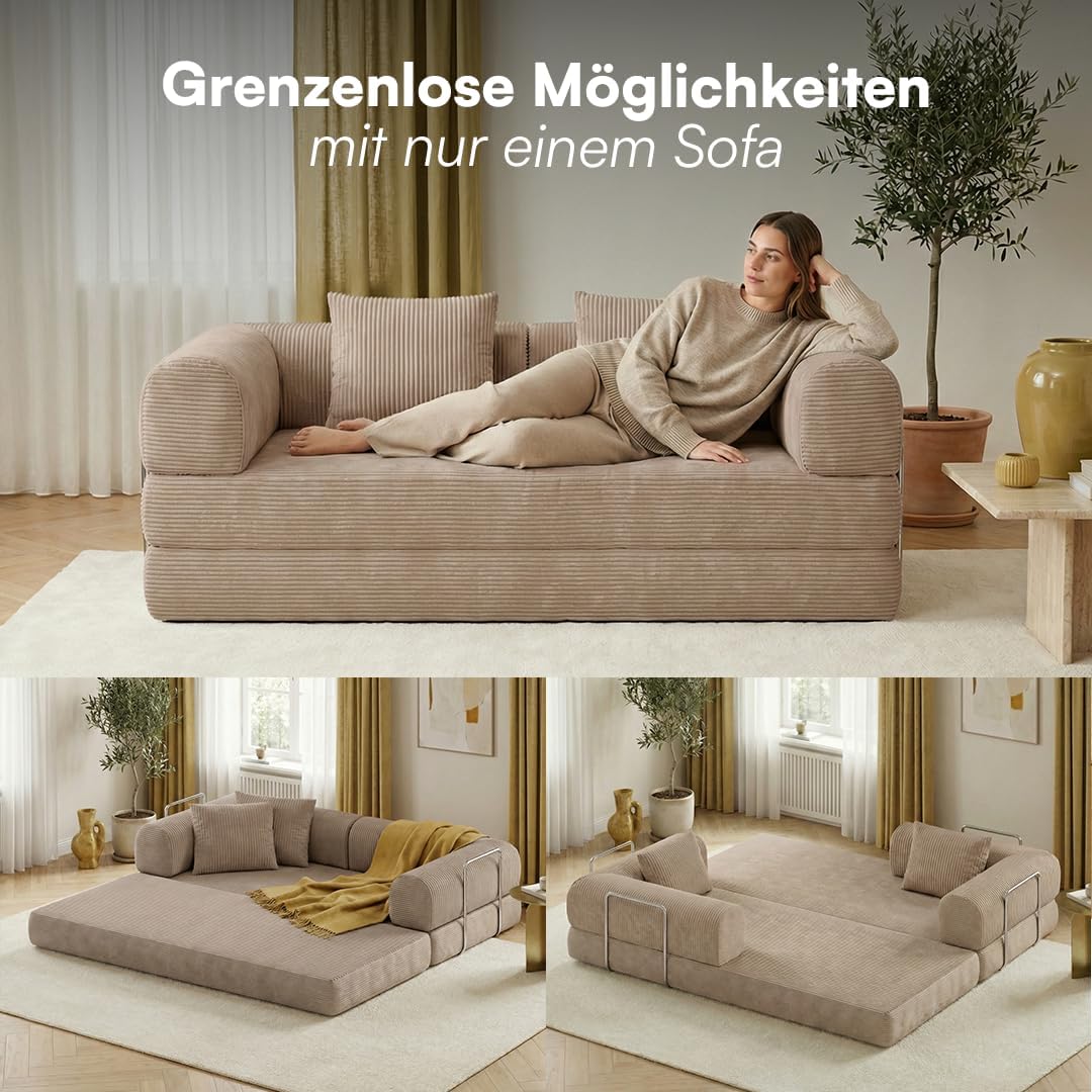 skølm Lofn Schlafsofa aus Cord – 2 Sitzer Couch ausklappbar zum Bodensofa – Vollschaumcouch in Taupe 200 cm breit – Klappsofa inkl. 2 Kissen & Stahlgestell – Cordsofa Wohnzimmer – Cloud Couch boneless | ohne Aufbau