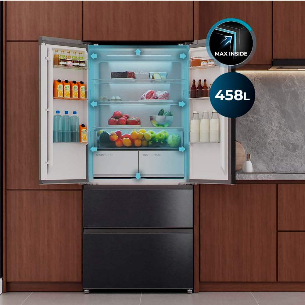Frigorífico de 4 puertas Cecotec tipo puerta francesa, semi-integrable, 458 L, Total No Frost, Bolero CoolMarket F2D 458 SBI Dark E, 189 cm de altura y 83 cm de ancho, MetalFlexCooling, compresor Inverter