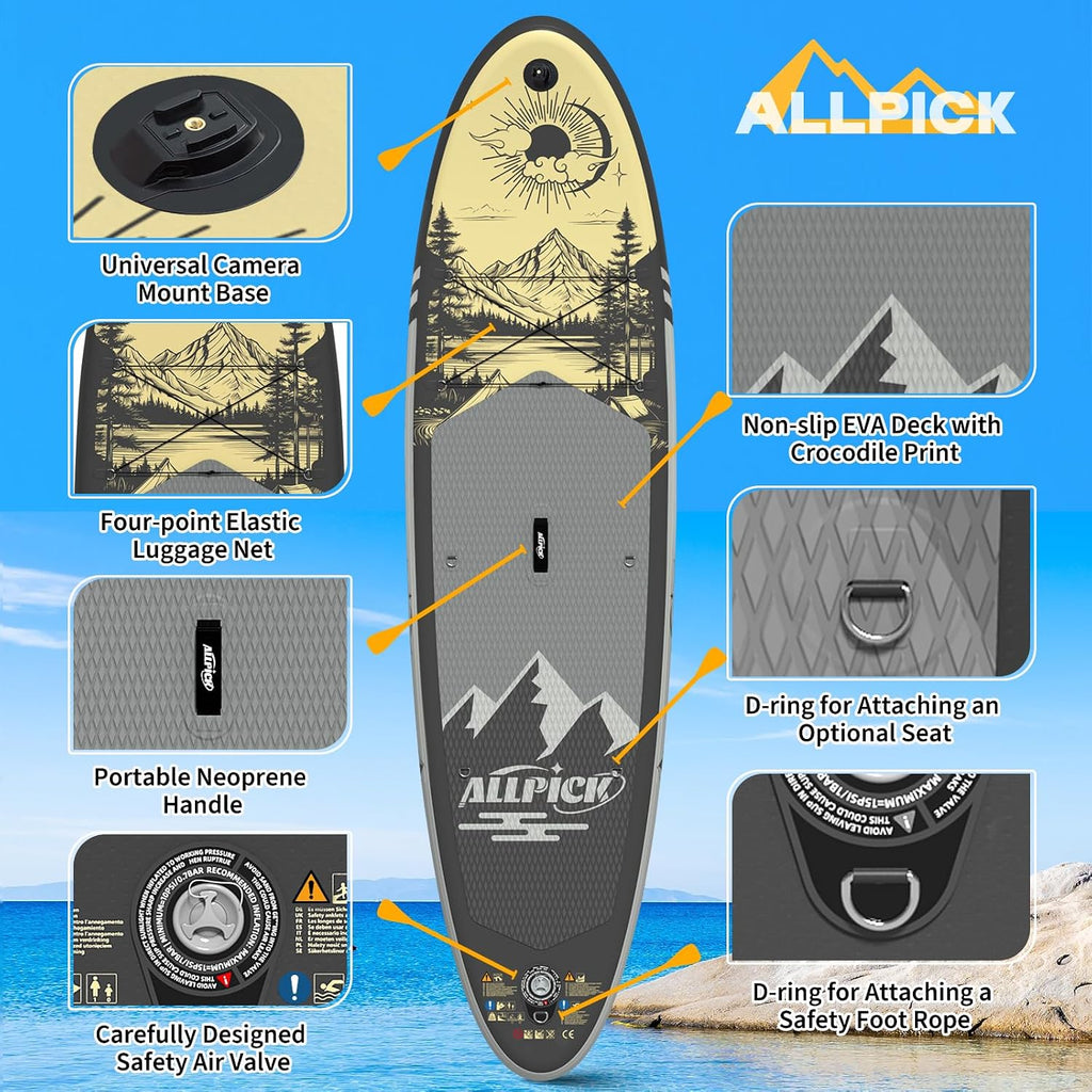 Set de tabla de SUP premium ALLPICK, tabla de paddle surf inflable, con soporte universal para cámara, accesorios completos, remo ajustable, principiantes, avanzados, 200 kg