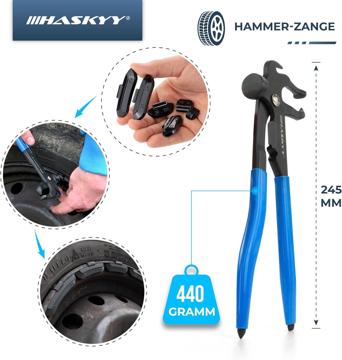 Kit de herramientas y accesorios para montaje de neumáticos (contrapeso, rascador, decapante, extractor de obús, tiraválvulas, alicate para contrapesos), azul