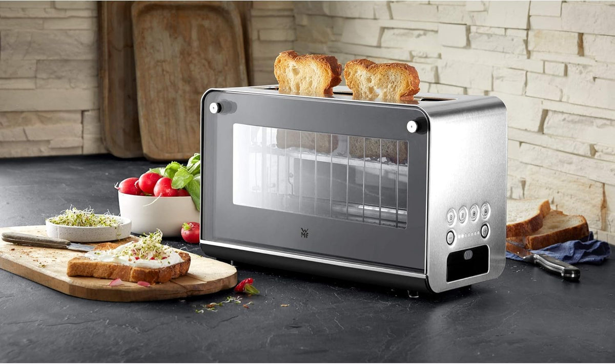 Tostadora de cristal WMF Lono con accesorio para panecillos, 2 rebanadas, XXL, elevación motorizada y hervidor de agua 2 en 1 Vario Lono, con ajuste de temperatura, 1,4-1,7 l, 3000 W, hervidor de té de cristal con infusor