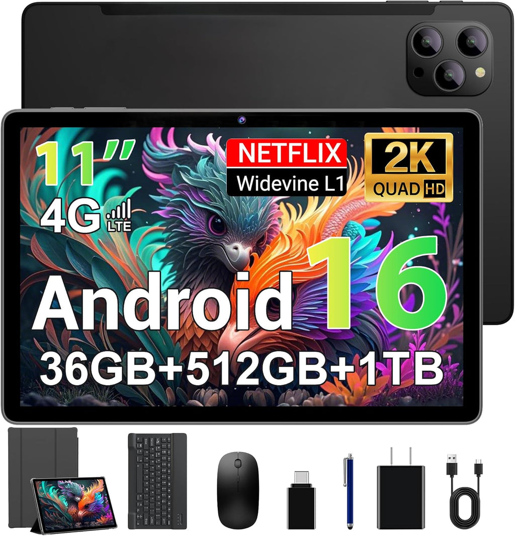 Tableta Android de 11 pulgadas, tableta táctil 16 con 4G LTE/5G WLAN, Octa-Core, 8000 mAh/20 W/36 GB+512 GB/TF 1 TB/13 MP+8 MP/GPS, tableta con teclado, negro