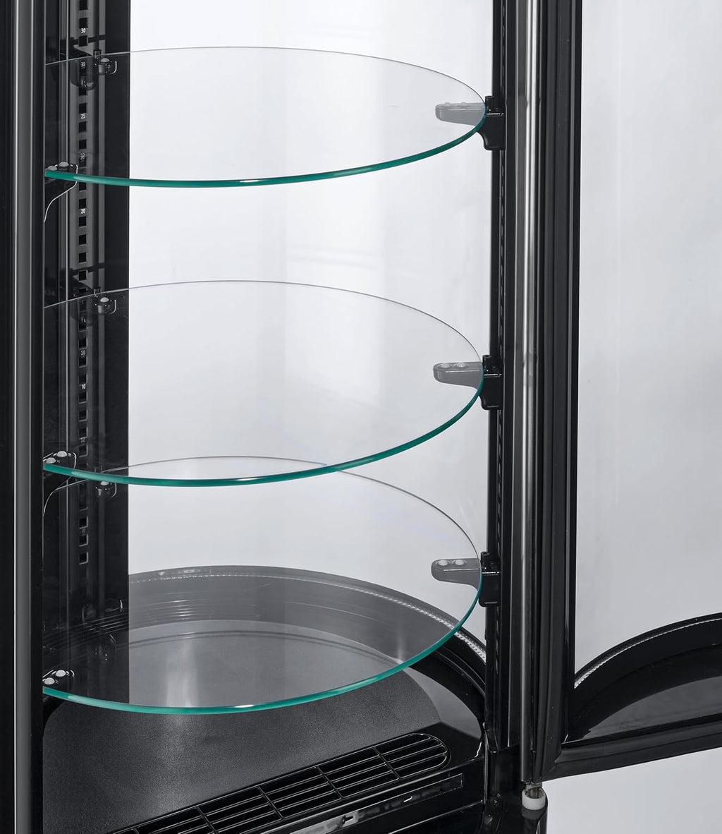 Vitrina refrigerada METRO Professional GRV1100, para hostelería, acero inoxidable/vidrio, 100 L, refrigeración por aire forzado, 490 W, indicador de temperatura,  descongelación automática, redonda, plateada, clase climática 6