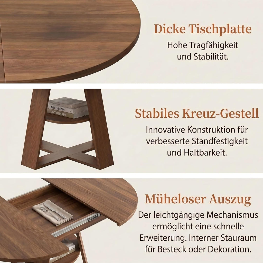 Mesa de comedor redonda extensible, mesa de comedor extensible blanca 100-140x100x75 cm, mesa extensible de comedor para 2-8 personas, mesa de cocina con tablero extraíble, estructura de madera con estante, nogal