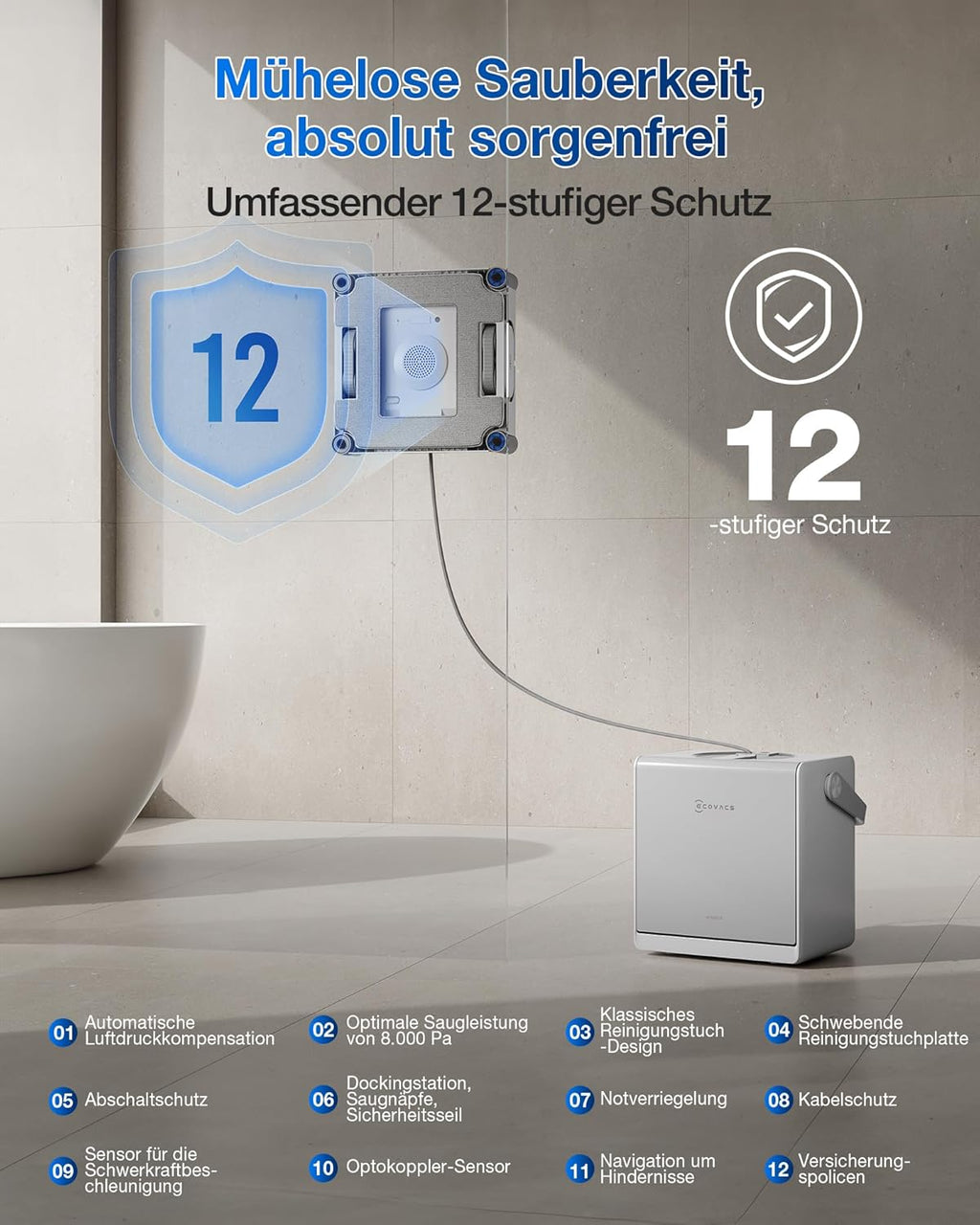 Robot limpiacristales ECOVACS WINBOT W2S Omni con estación multifunción, limpieza inteligente hasta los bordes con TruEdge™, carga durante el funcionamiento, TRES boquillas de agua, protección de 12 niveles