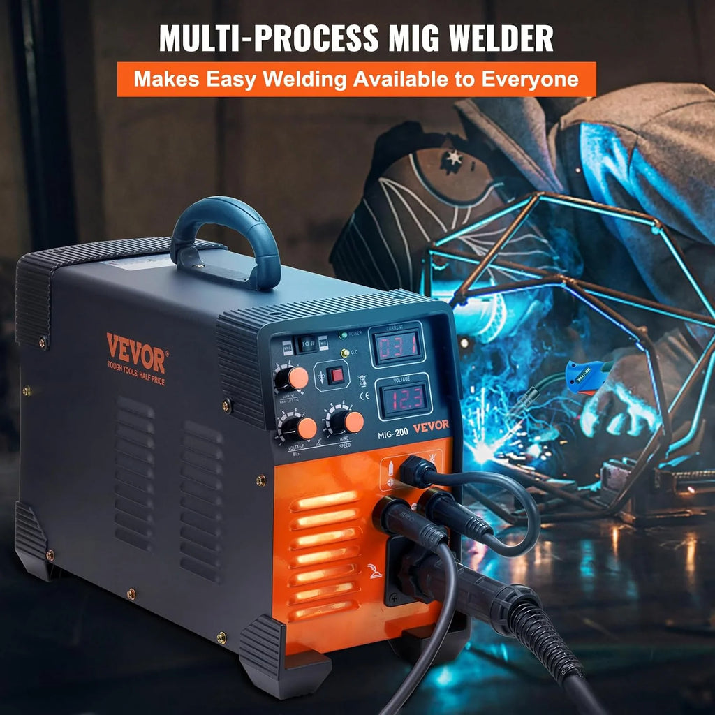 VEVOR Spawarka MIG/MMA/TIG 3 w 1 30-200 A, spawanie drutem wypełniającym (0,6 mm, 0,8 mm i 1 mm), technologia IGBT 2,2-12 m/min, prędkość drutu 200 A przy 60% znamionowym cyklu pracy, stopień ochrony