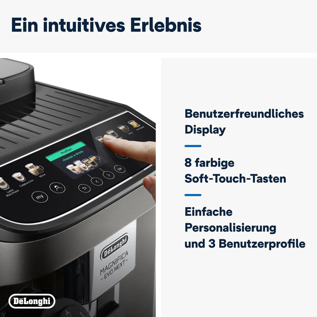 Cafetera superautomática De'Longhi Magnifica Evo ECAM 292.81.B con sistema de leche LatteCrema, 7 botones de selección directa para cappuccino, espresso y otras especialidades de café, función de 2 tazas, negro