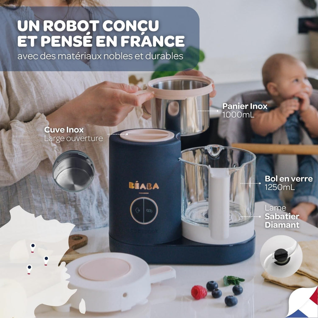 BÉABA - Babycook Néo - Robot para bebés hecho en Francia - Batidora-Cocedor - Bol de cristal y cubeta de acero inoxidable - Diversificación alimentaria - Potitos caseros para bebés - Cocción al vapor suave y rápida - Azul noche