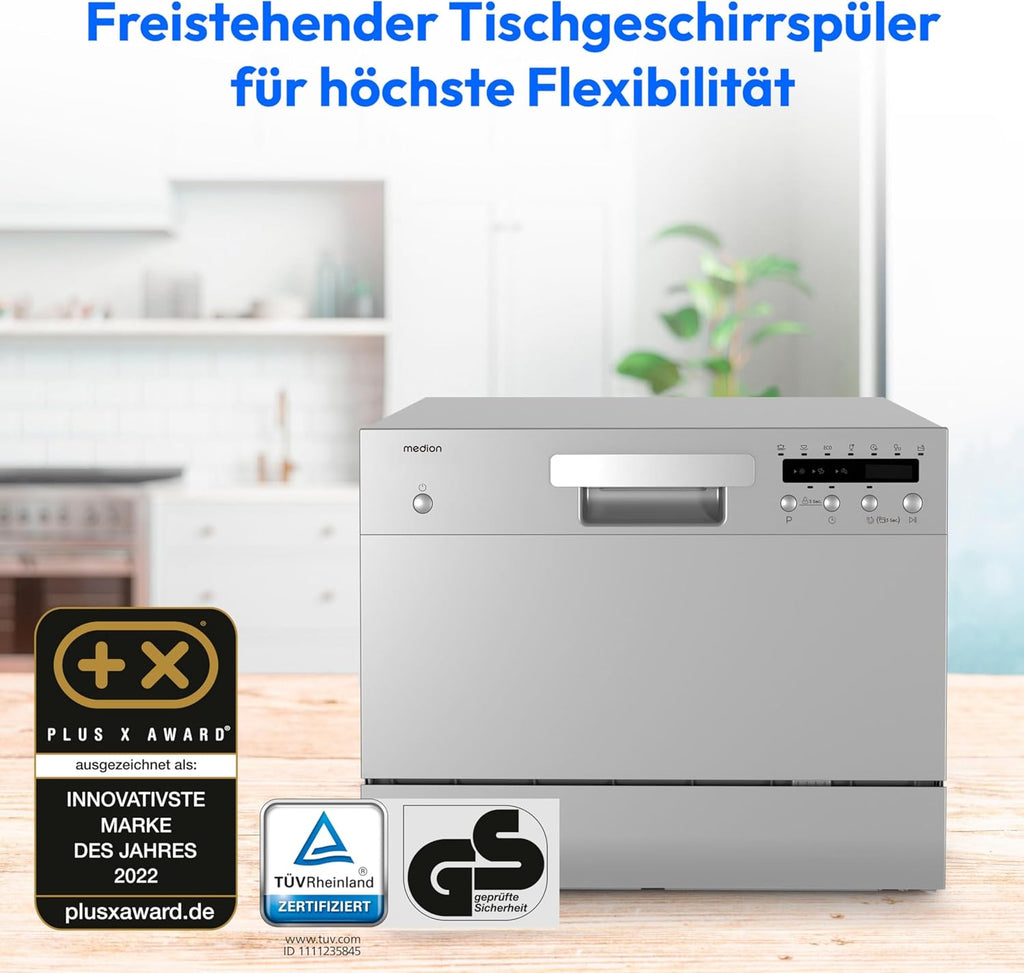 Lavavajillas de sobremesa MEDION DWT60 (capacidad para 6 cubiertos, 7 programas, programa ECO, aprox. 6,5 litros de consumo, AquaStop, pantalla LED, seguro para niños, MD37496) plateado