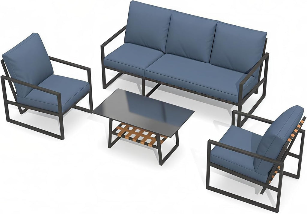 YODOLLA Juego de muebles de jardín, conjunto de 4 piezas para 4-5 personas, muebles de balcón con respaldos de ratán sintético, sofá de 3 plazas y 2 sillones con mesa de centro para jardín, azul oscuro