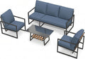 YODOLLA Juego de muebles de jardín, conjunto de 4 piezas para 4-5 personas, muebles de balcón con respaldos de ratán sintético, sofá de 3 plazas y 2 sillones con mesa de centro para jardín, azul oscuro