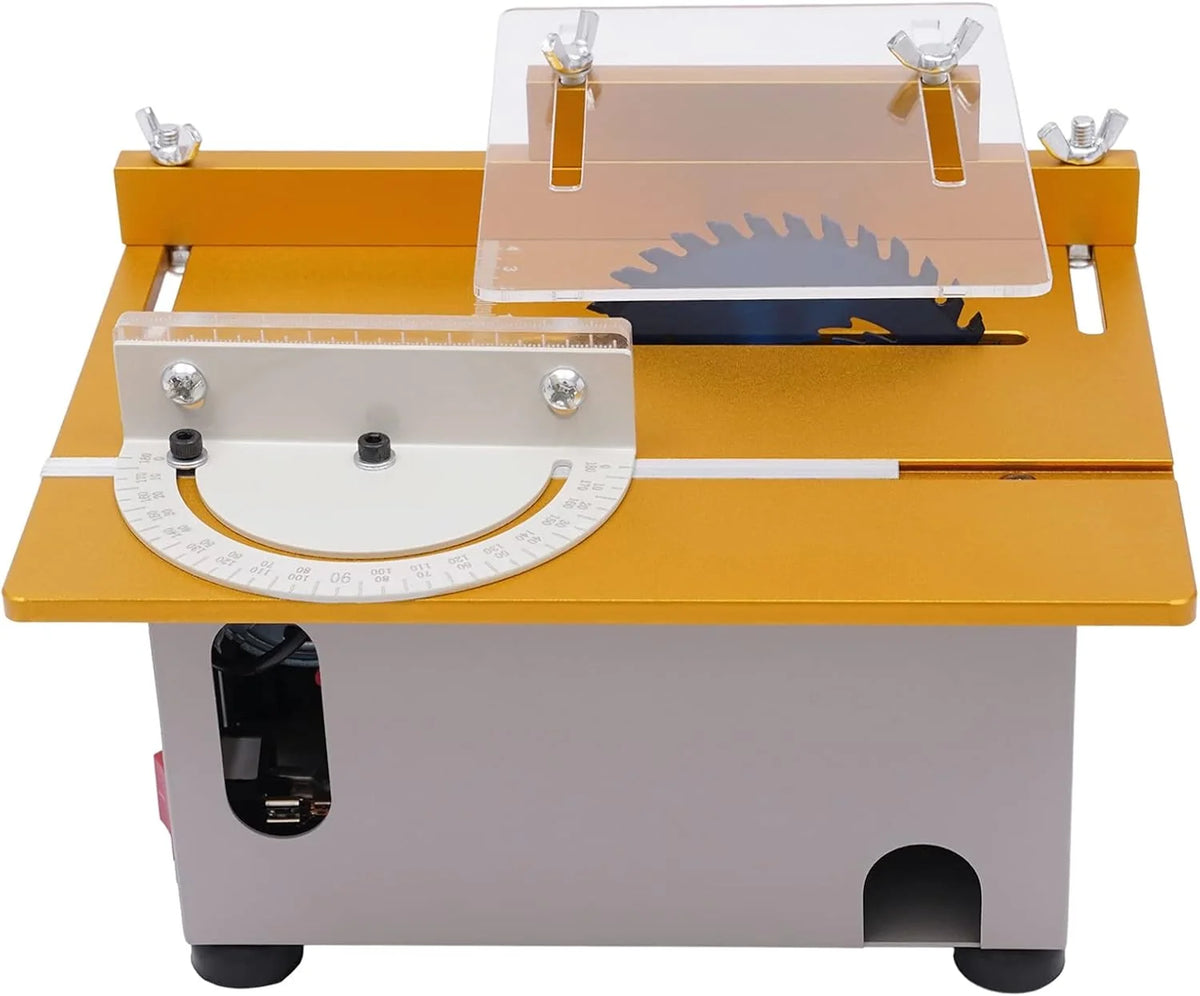Mini stołowa pilarka tarczowa, mini piła tarczowa z 4 brzeszczotami, 300 W, mała piła stołowa, linijka 0-90°, 9000 obr./min, obróbka PCB: cięcie, szlifowanie i wiele więcej