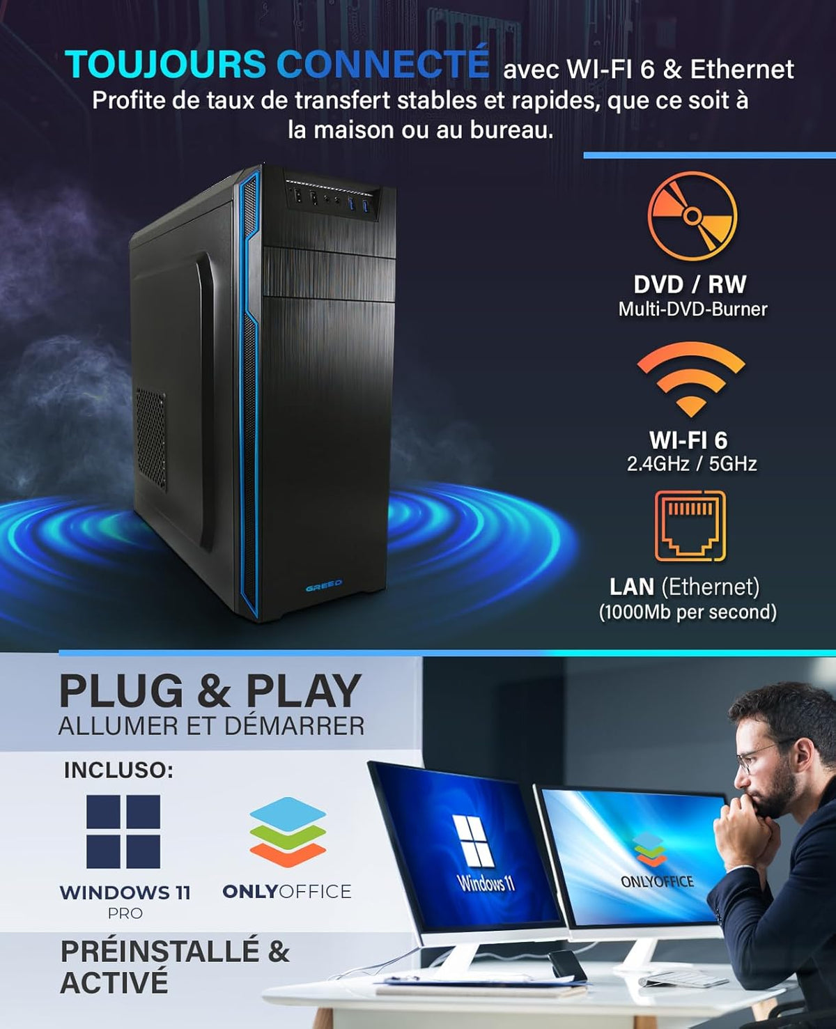 Greed® Basic V2 PC con Intel Core i5 10400 - Ordenador rápido + Ordenador de sobremesa para el hogar con 4,3 GHz, 8 GB RAM - 256 GB SSD - DVD+RW - USB3.1 - Wi-Fi, con Windows 11 Pro