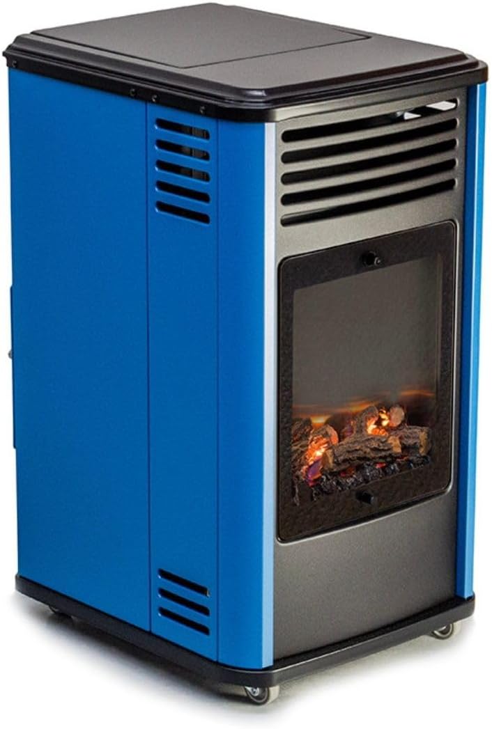 Sahara - Estufa de gas 3,4KW Azul y Negro con efecto estufa de leña Manhattan Calefactor auxiliar + Manguera de gas + Regulador de butano