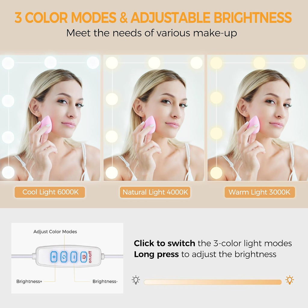 ANWBROAD 150cm Tocador grande con iluminación LED ajustable de 3 colores y enchufes, tocador moderno con espejo, 8 cajones, 6 estantes abiertos, mesa de maquillaje blanco BDT67W
