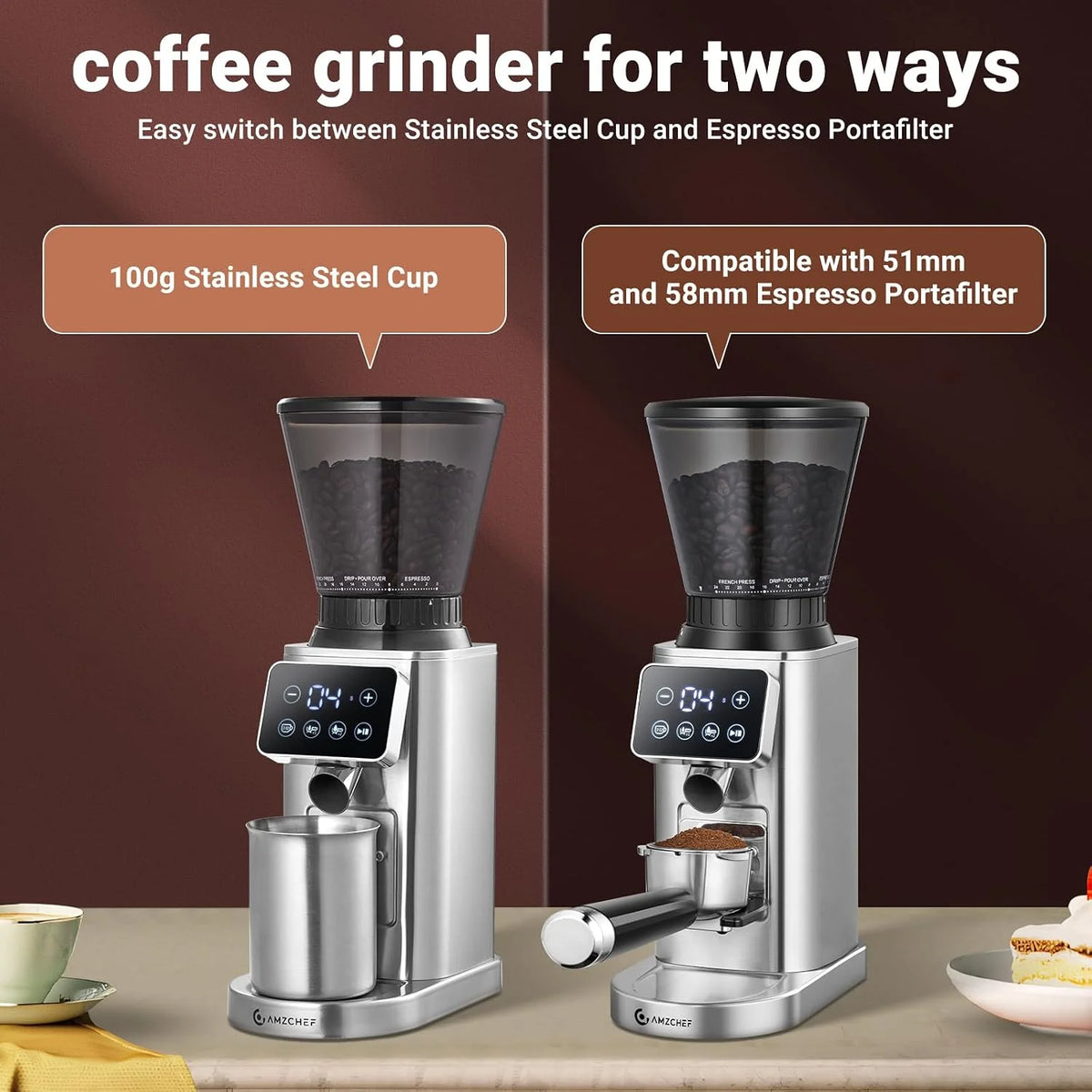 AMZCHEF Elektryczny młynek do kawy ze zdejmowanym uchwytem na sitko i pojemnik, młynek do kawy, z 24 stopniami mielenia, regulowany do espresso/Drip/Pour Over/Cold Brew/French Press