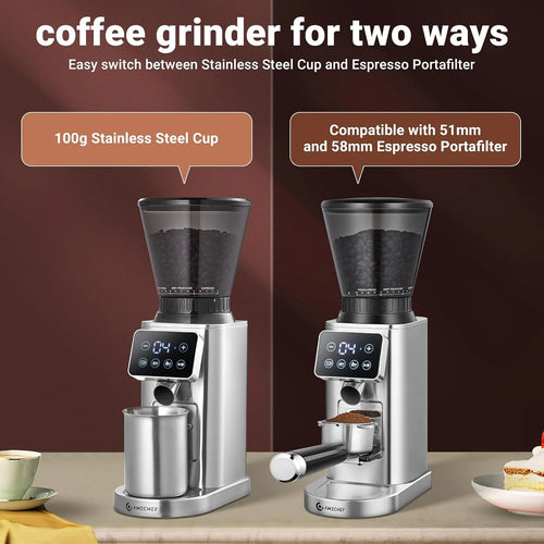 AMZCHEF Elektryczny młynek do kawy ze zdejmowanym uchwytem na sitko i pojemnik, młynek do kawy, z 24 stopniami mielenia, regulowany do espresso/Drip/Pour Over/Cold Brew/French Press
