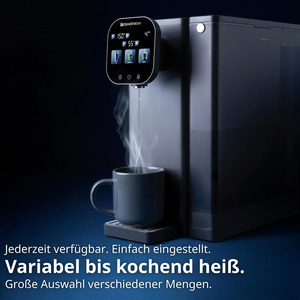 Sistema de ósmosis inversa de sobremesa OsmoFresh Fusion Air, dispensador de agua caliente, filtro de minerales, 3x UVC, relación de residuos 2:1, certificado por TÜV